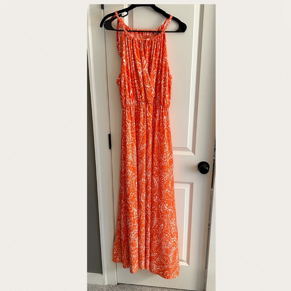 Orange & white poly adjustable top maxi dress long skirt 1X paisley print